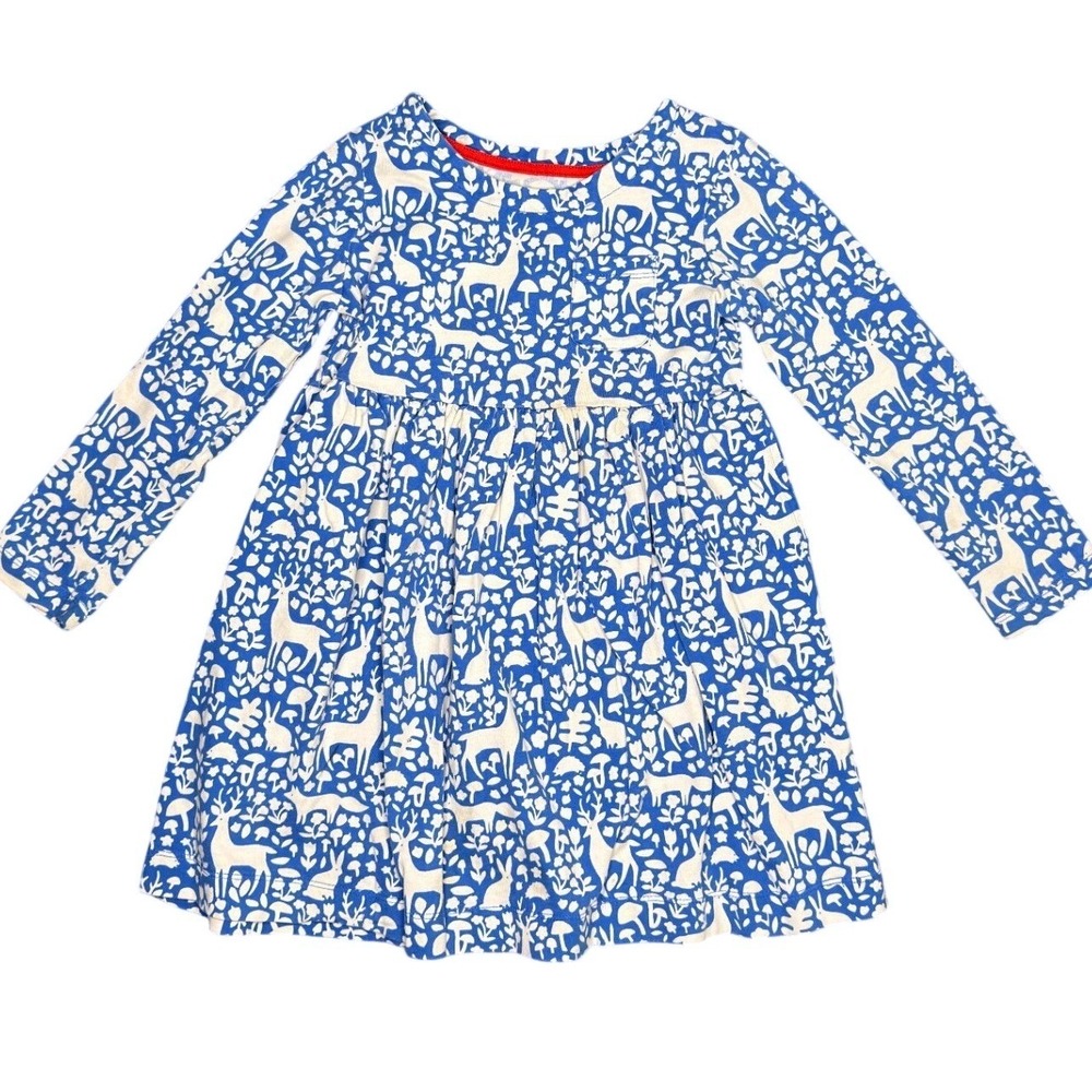 Mini Boden Dress 4-5Y Blue NWOT Woodland Animal Long Sleeve Cotton Skater